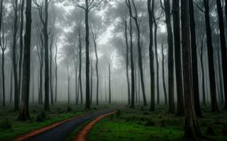 calzada en el oscuro bosque rodeado por arboles y grueso niebla. ai generativo foto