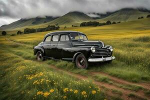 Vintage car on meadow with hills valley in the background. AI Generative photo