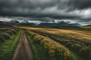 Thick clouds over pathway surrounded by meadows created with ai generative photo