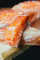 filete de salmón crudo fresco con condimentos y hierbas en el bloque de sal del Himalaya foto
