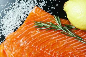 Fresh raw salmon fillet with seasonings and herbs photo