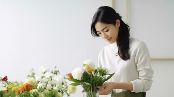 un japonés florista mira a el izquierda en un pensando actitud ai generado foto