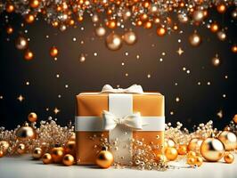 Christmas and new year gift boxes, golden balls and star, pine cones and branches on candle light bokeh garlands background. AI Generated photo