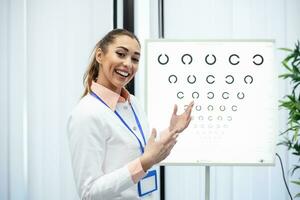 profesional hembra óptico señalando a ojo cuadro, oportuno diagnóstico de visión. retrato de óptico preguntando paciente para un ojo examen prueba con un ojo gráfico monitor a su clínica foto