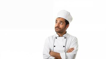 un mexicano masculino cocinero mira a el izquierda en un pensando actitud ai generado foto