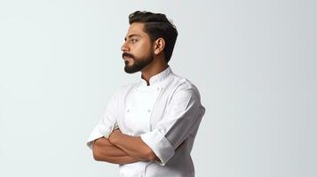 A Mexican male chef looks to the left in a thinking pose AI generated photo