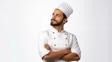 un mexicano masculino cocinero mira a el izquierda en un pensando actitud ai generado foto