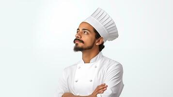 un mexicano masculino cocinero mira a el izquierda en un pensando actitud ai generado foto