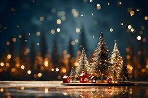 Beautiful lighting and bokeh background for Christmas pine tree and red star, balls and gift boxes decoration on vintage wooden floor. AI Generated photo