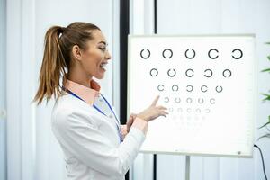 profesional hembra óptico señalando a ojo cuadro, oportuno diagnóstico de visión. retrato de óptico preguntando paciente para un ojo examen prueba con un ojo gráfico monitor a su clínica foto