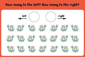 How many left and right snails. Learning sheet for children to learn left and right. The score game. Kids counting game. Vector illustration