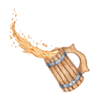 Watercolor illustration of an old wooden mug with beer foam and splashes. Vintage cup for beer or wine. Oktoberfest festival isolated. Compositions for posters, cards, banners, flyers, covers playbill png