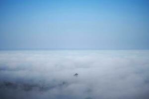 Destination and paradise of the mist and fog in the jungle on the valley mountain. Aerial view of Rainy season in the tropical rain forest in Thailand. photo