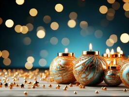 Christmas and new year gift boxes, golden balls and star, pine cones and branches on candle light bokeh garlands background. AI Generated photo