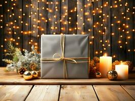 Christmas and new year gift boxes, golden balls and star, pine cones and branches on candle light bokeh garlands background. AI Generated photo