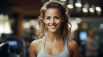 Smiling Caucasian fitness trainer woman is wearing sportswear in gym. AI Generated photo