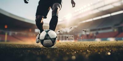 generativo ai, fútbol americano bota pateando un fútbol pelota, objetivo momento en el estadio foto