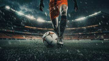 generativo ai, fútbol americano bota pateando un fútbol pelota, objetivo momento en el estadio foto