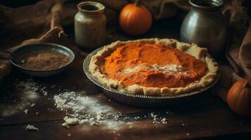 Generative AI, Homemade american traditional pumpkin pie preparing process, aesthetic muted colors photo