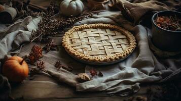 Generative AI, Homemade american traditional pumpkin pie preparing process, aesthetic muted colors photo