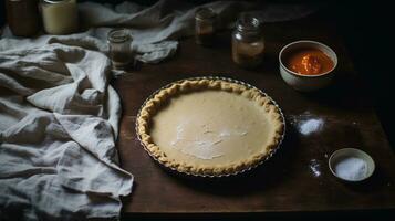 Generative AI, Homemade american traditional pumpkin pie preparing process, aesthetic muted colors photo