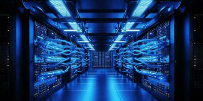 Generative AI, Closeup shot of networking cable in the server room, server rack with fiber optic cables photo