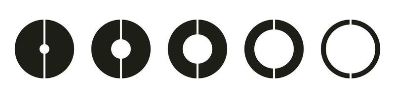 ruedas redondo dividido en dos secciones. diagramas infografía colocar. circulo sección grafico. tarta gráfico iconos rosquilla cartas o pasteles segmentario en 2 igual partes. geométrico elementos. vector