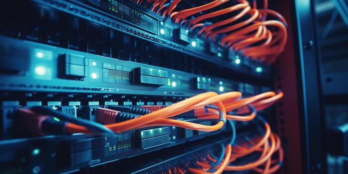Generative AI, Closeup shot of networking cable in the server room, server rack with fiber optic cables photo