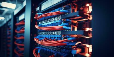 Generative AI, Closeup shot of networking cable in the server room, server rack with fiber optic cables photo