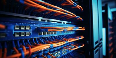 Generative AI, Closeup shot of networking cable in the server room, server rack with fiber optic cables photo