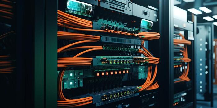 Generative AI, Closeup shot of networking cable in the server room, server rack with fiber optic cables photo