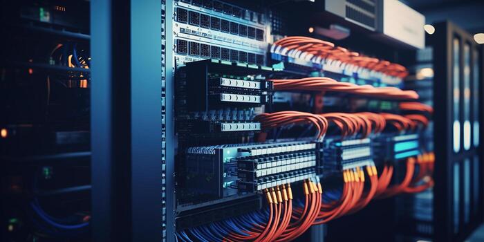 Generative AI, Closeup shot of networking cable in the server room, server rack with fiber optic cables photo