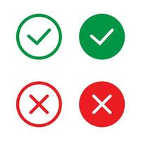 Green tick and red cross checkmarks in circle flat icons. Yes or no line symbol, approved or rejected icon for user interface. vector