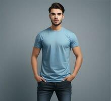 Young man wearing blank light blue t shirt mockup print presentation mockup ai generate photo