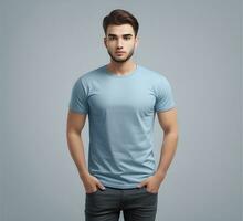 Young man wearing blank light blue t shirt mockup print presentation mockup ai generate photo