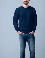 Young man wearing blank light navy sweater mockup print presentation mockup ai generate photo