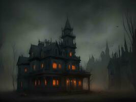 Halloween night with spooky house, bats and pumpkin background image ai generate photo