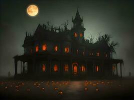 Halloween night with spooky house, bats and pumpkin background image ai generate photo