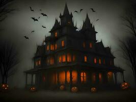 Halloween night with spooky house, bats and pumpkin background image ai generate photo