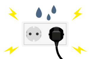 électrique fuite. l'eau gouttes dans le prises électriques, provoquant une court circuit et endommagé ou dangereux. Trois œil brancher. png