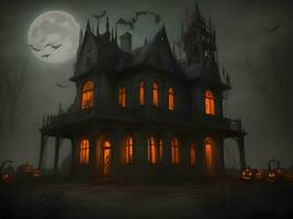 Halloween night with spooky house, bats and pumpkin background image ai generate photo