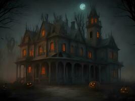 Halloween night with spooky house, bats and pumpkin background image ai generate photo