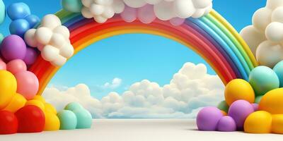 Generative AI, rainbow and colorful balloons. Birthday party 3d background. Mockup, template for greetiing card photo