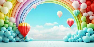 Generative AI, rainbow and colorful balloons. Birthday party 3d background. Mockup, template for greetiing card photo