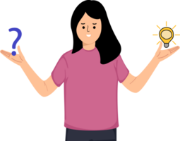 portrait woman holding question symbol and light bulb symbol. question and answer q and a or solution to solve problem png