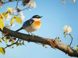 Natural panoramic bird sitting on branch, Ai generate photo