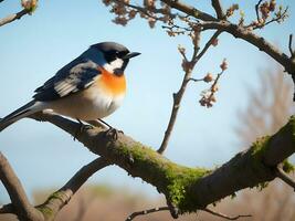 Natural panoramic bird sitting on branch, Ai generate photo