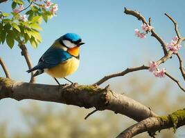 Natural panoramic bird sitting on branch, Ai generate photo