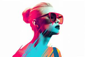 Generative AI, Poster with fashion woman face in risograph and glitch style, vivid colors photo