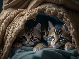 A group of adorable kittens cuddled up together in a cozy blanket fort, Ai generate photo